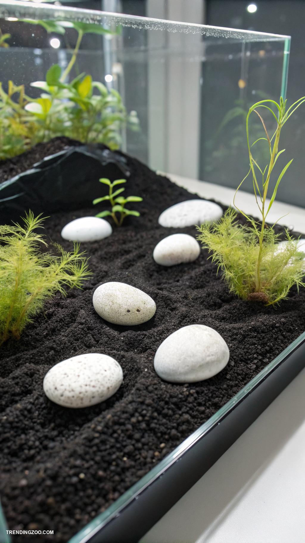 fish tank ideas Minimalist Black Sand and White Stones