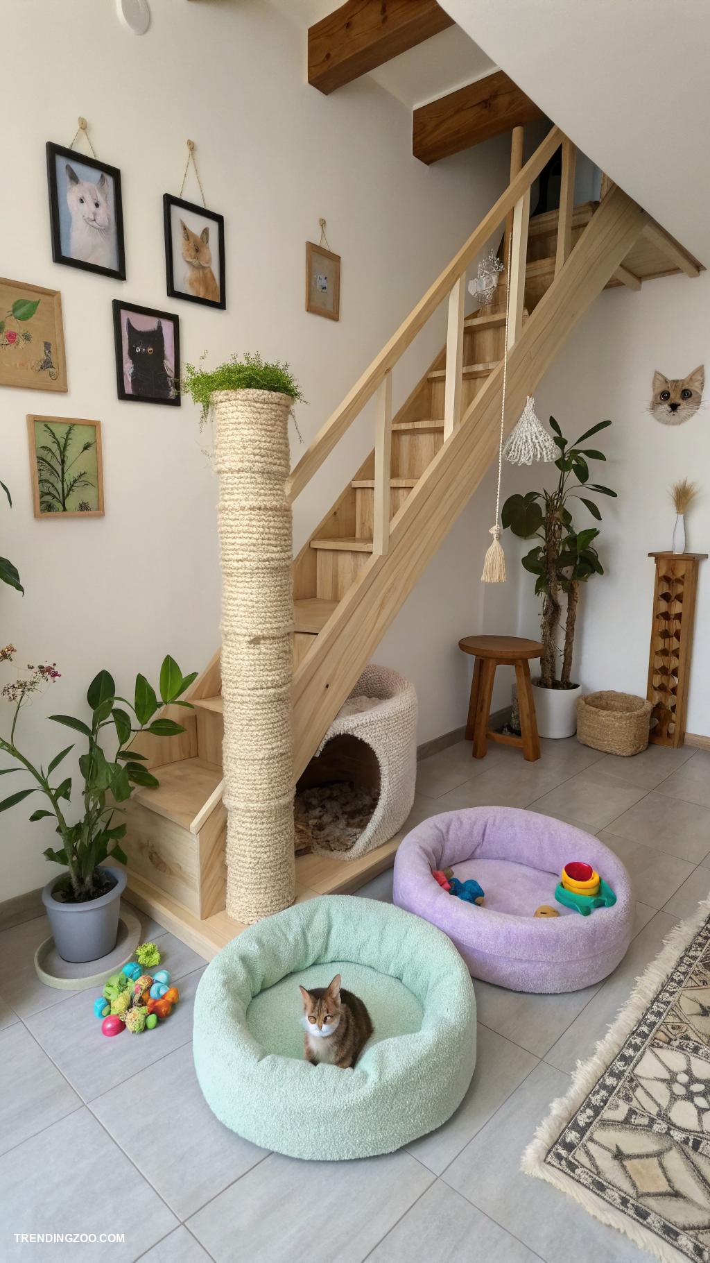 under stairs cat room Built in scratching posts for playtime