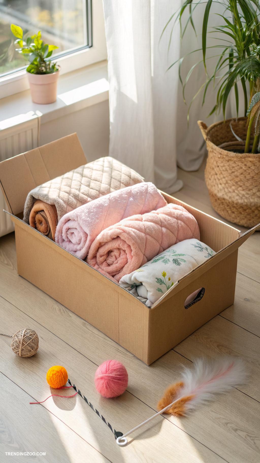 diy kitten bed Cardboard box with soft blankets inside