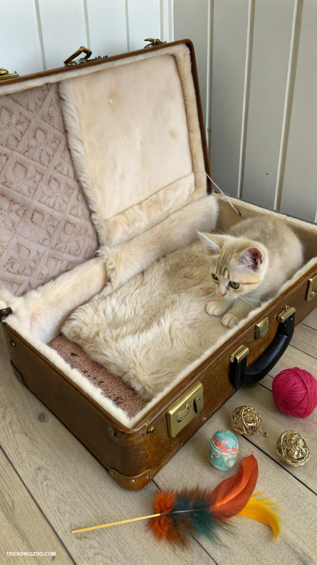 diy kitten bed Old suitcase lined with fur