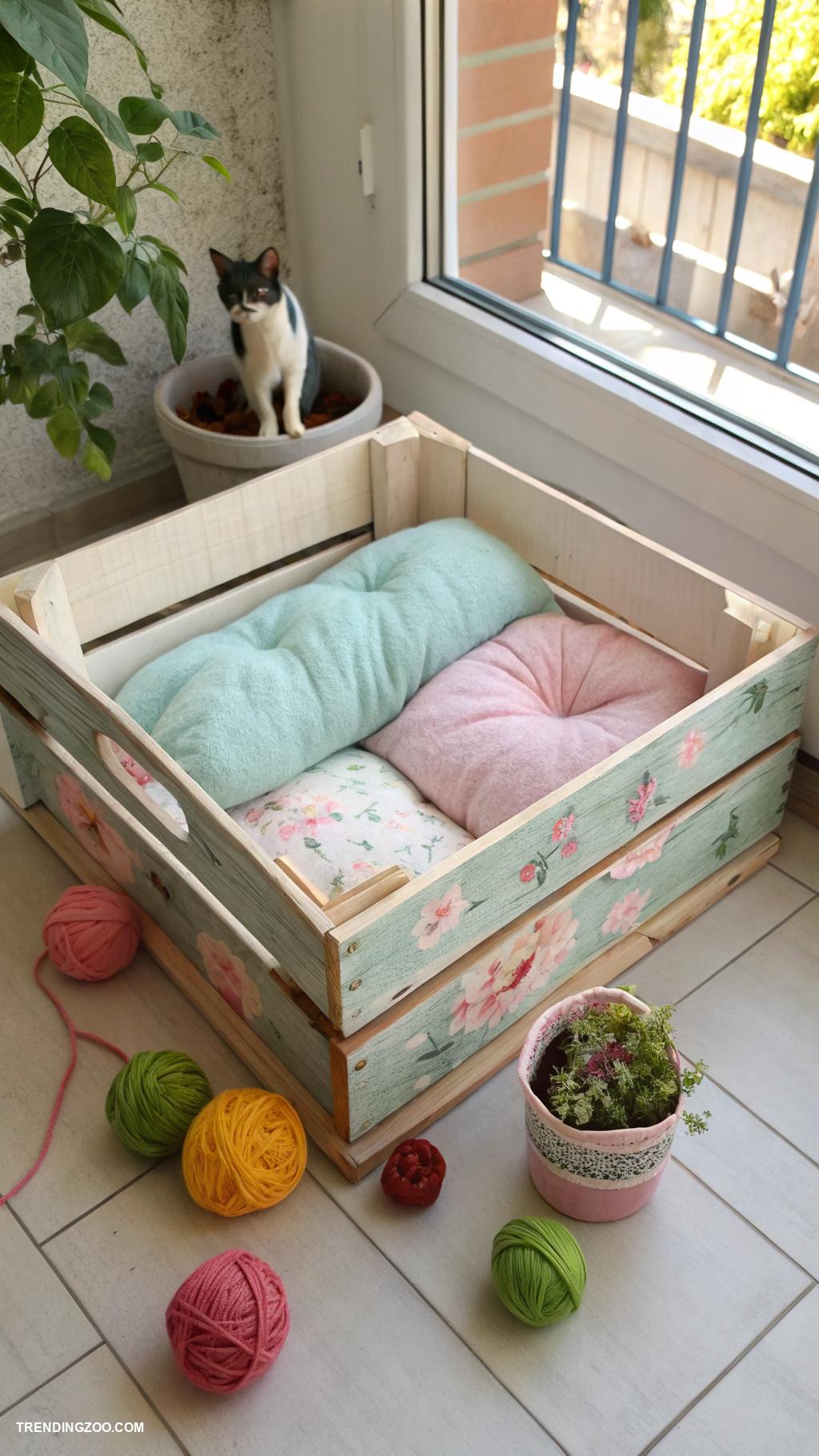 diy kitten bed Repurposed wooden crate with cushions