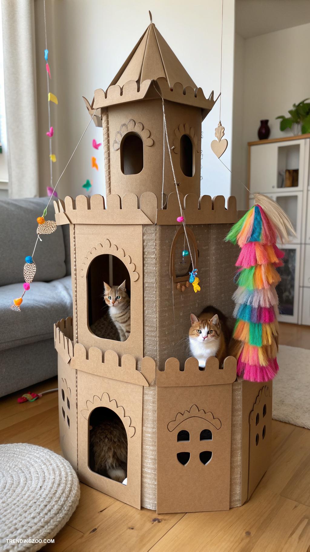 cardboard cat castle Interactive castle with dangling toys