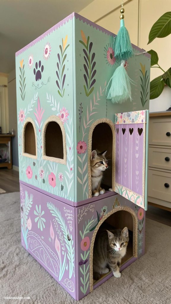 cardboard cat castle Large rectangular box with painted design