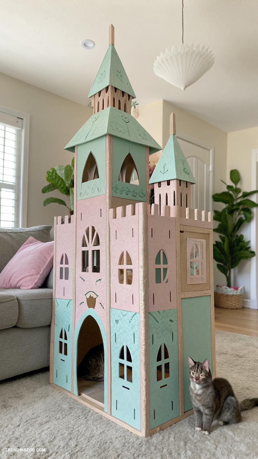 cardboard cat castle Towering structure with triangular peaks