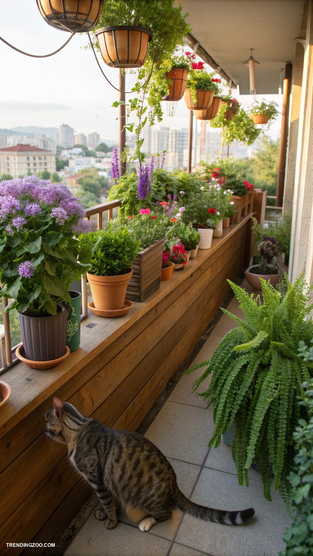 cat balcony ideas Use potted plants for natural exploration