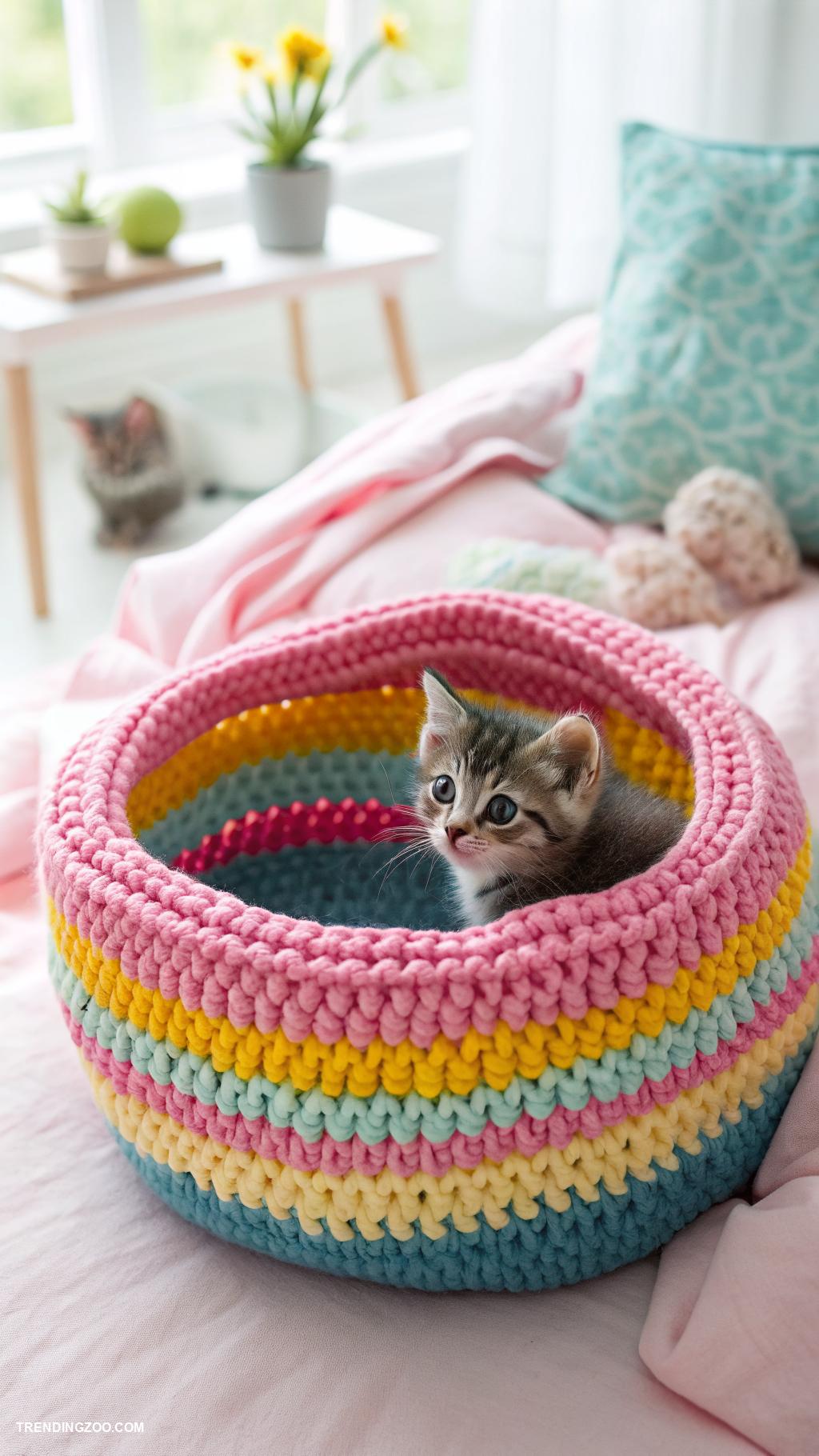 crochet cat beds Colorful striped crochet cat nest