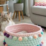 crochet cat beds Crochet basket with pom poms for fun