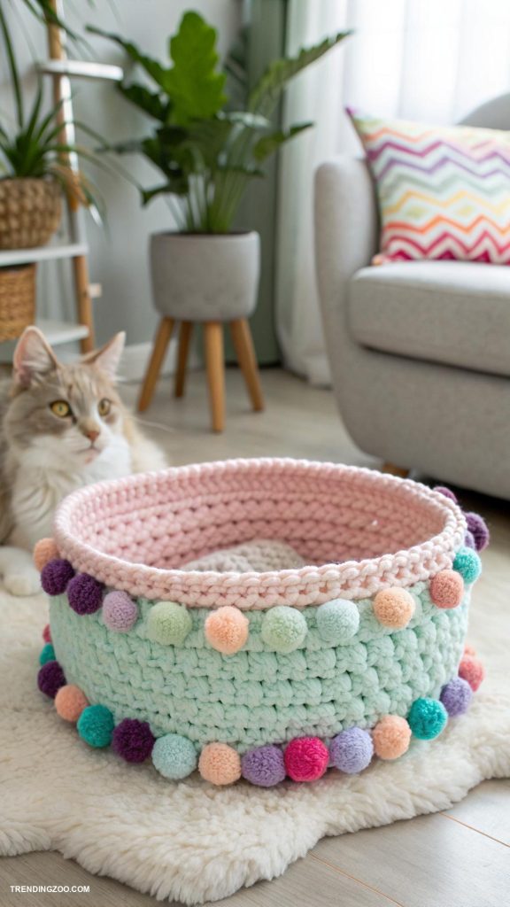 crochet cat beds Crochet basket with pom poms for fun