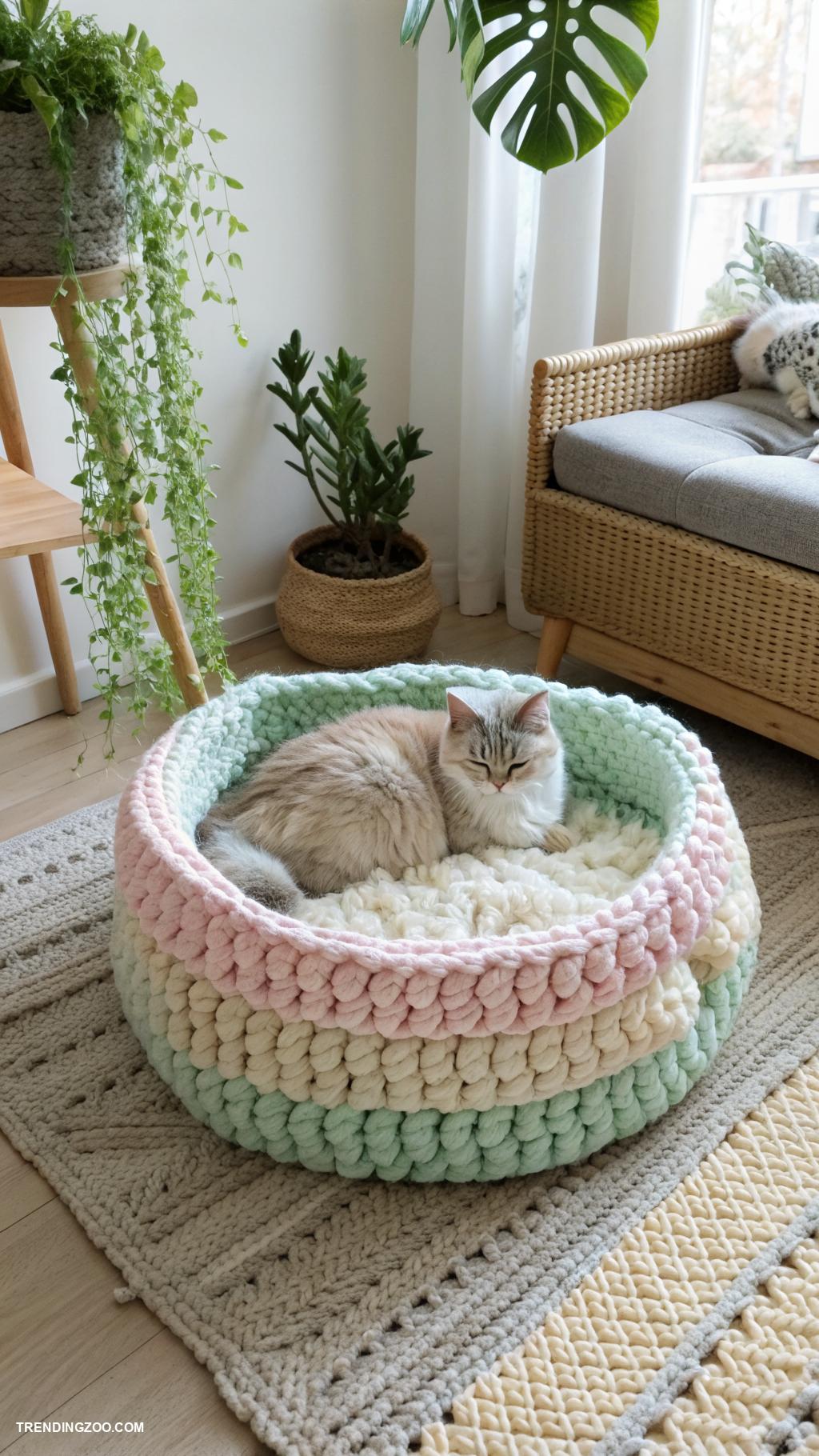 crochet cat beds Round basket style crochet cat bed