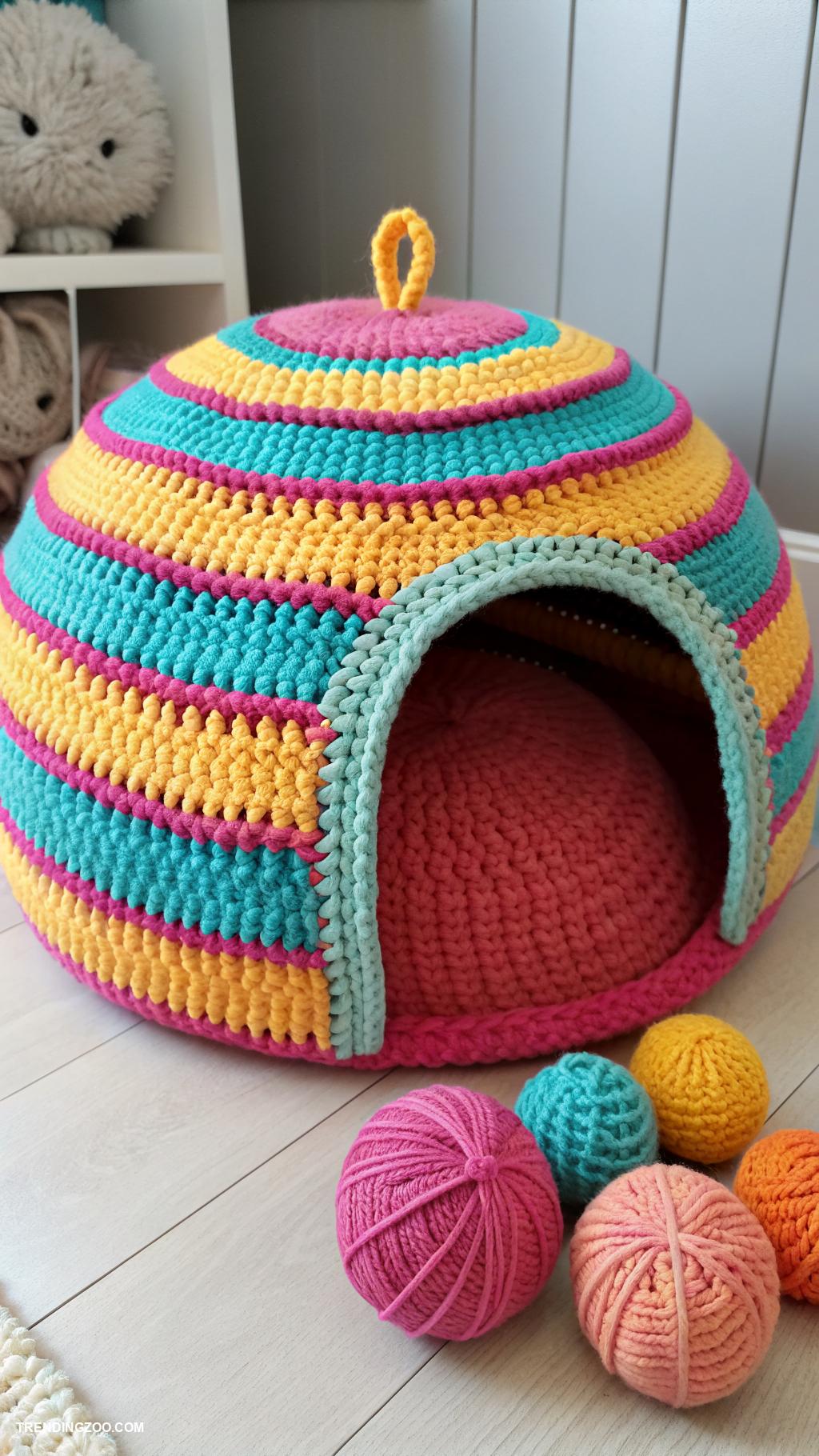 crochet cat cave Colorful striped cat cave design