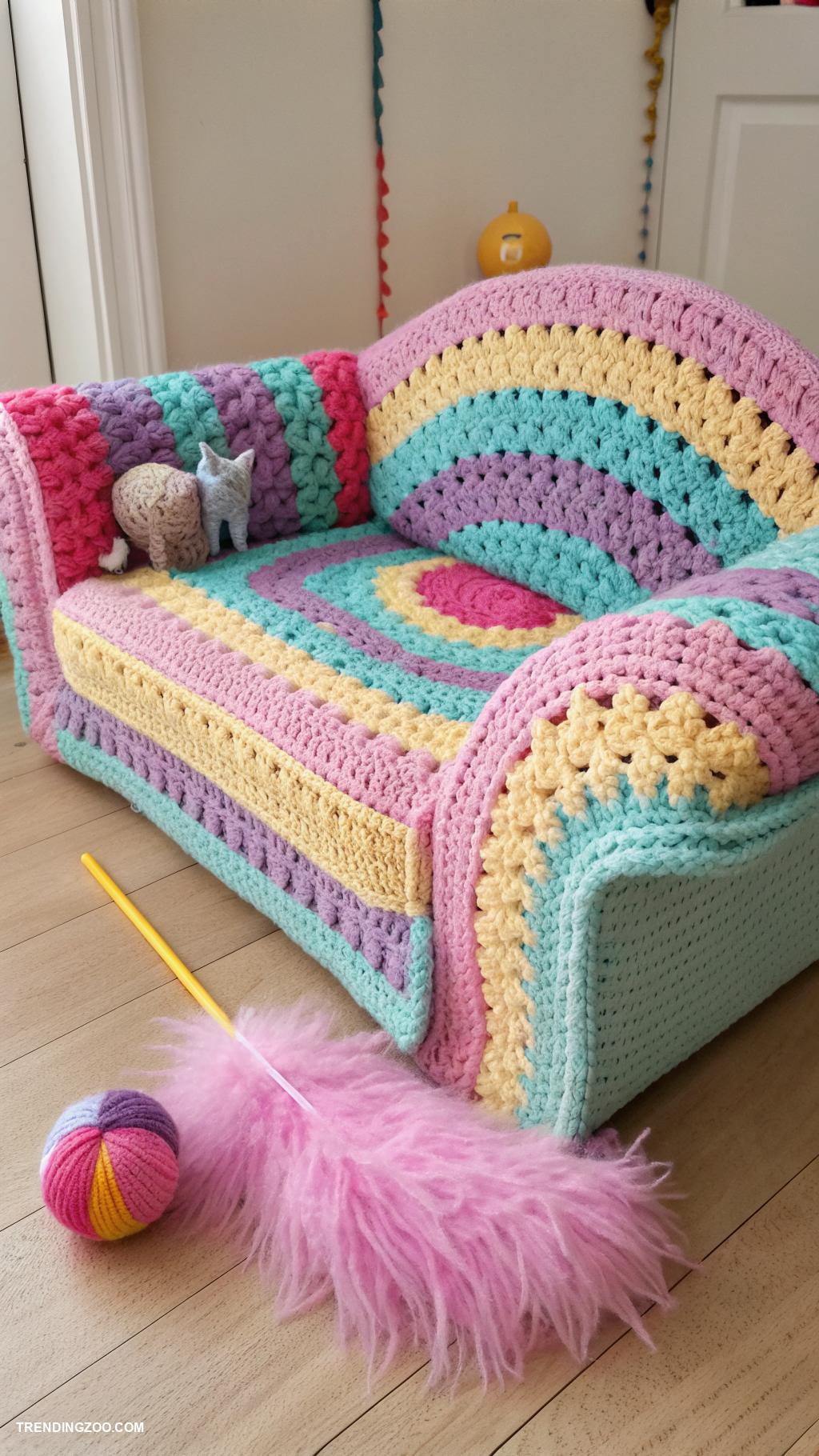 crochet cat couch Colorful yarn cat sofa for playful naps