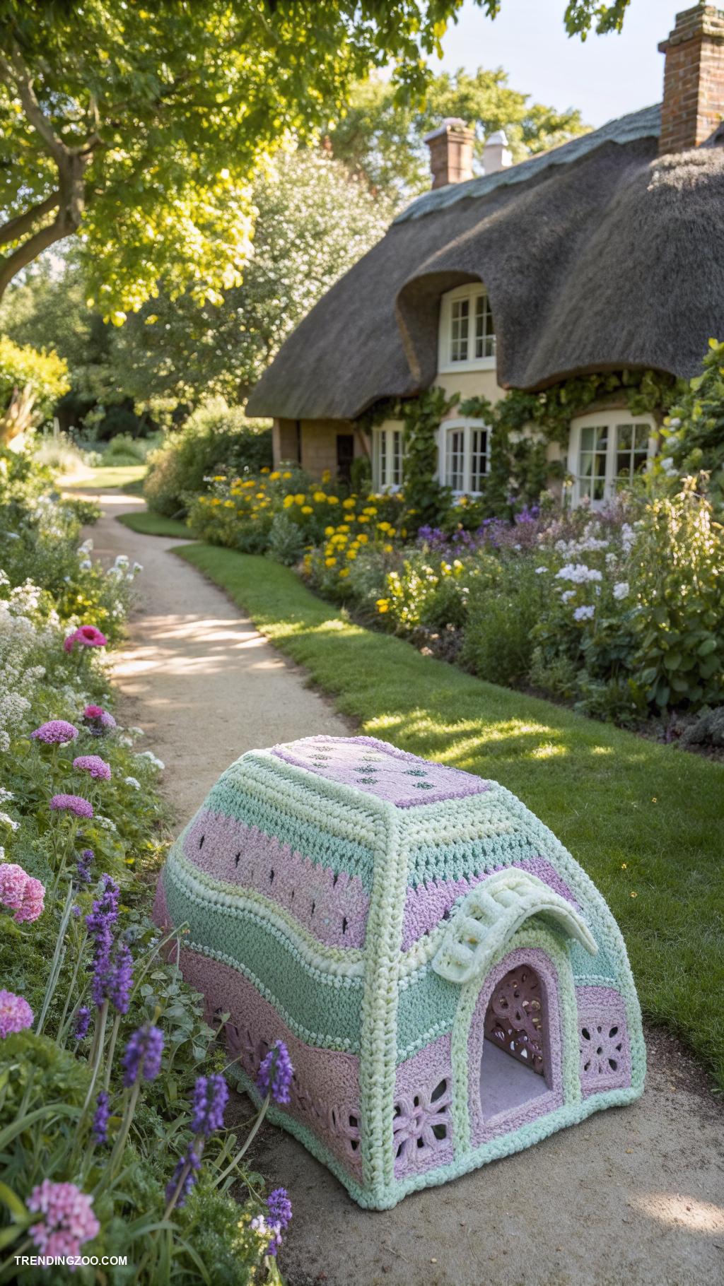 crochet cat house Charming cottage with a thatched roof