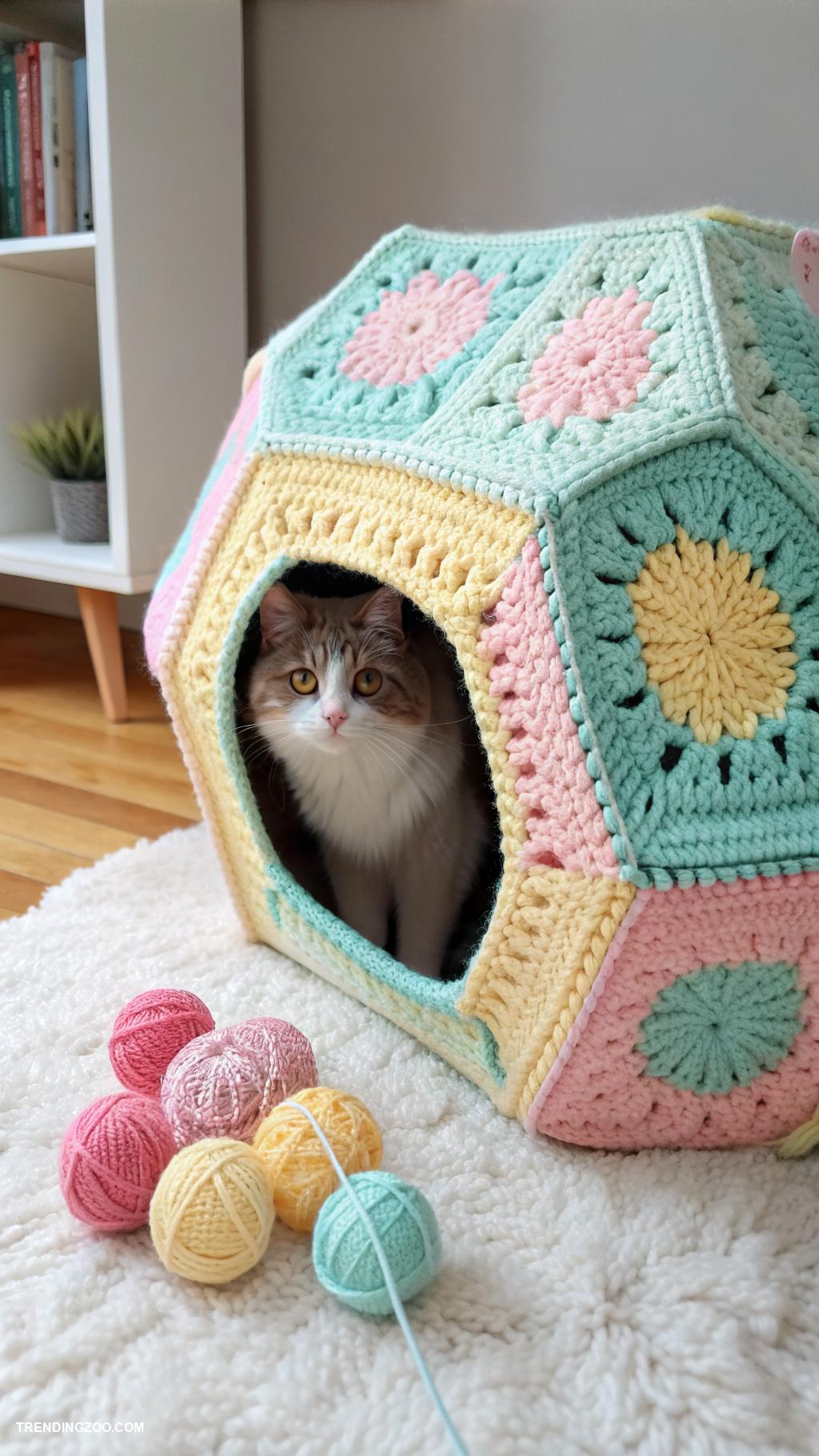 crochet cat house Colorful hexagon shaped cat hideaway