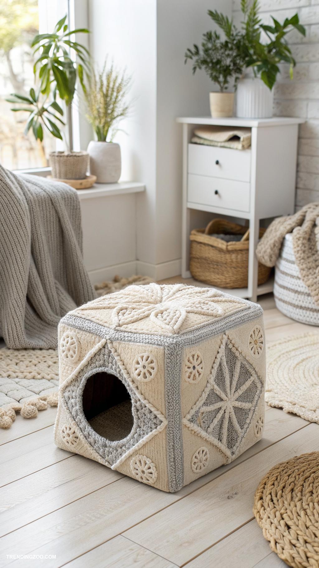 crochet cat house Minimalist crochet cube for stylish decor