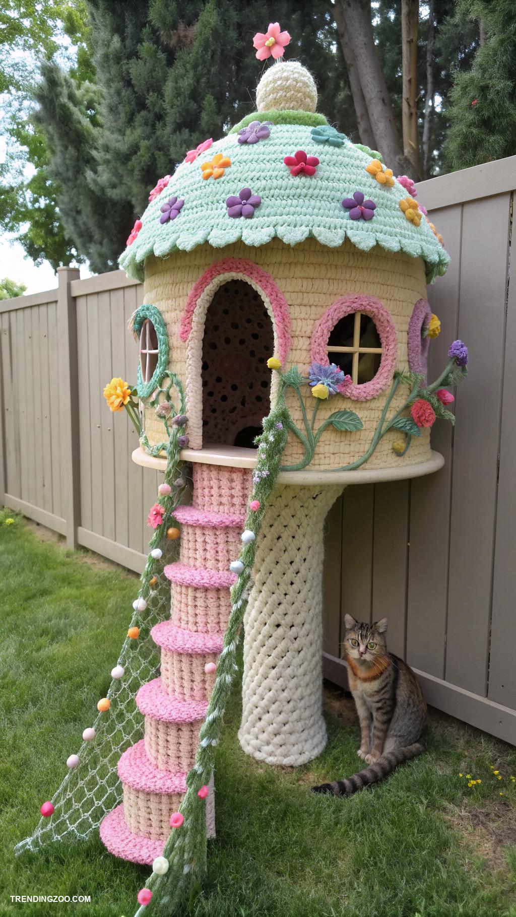 crochet cat house Playful treehouse style crochet cat home