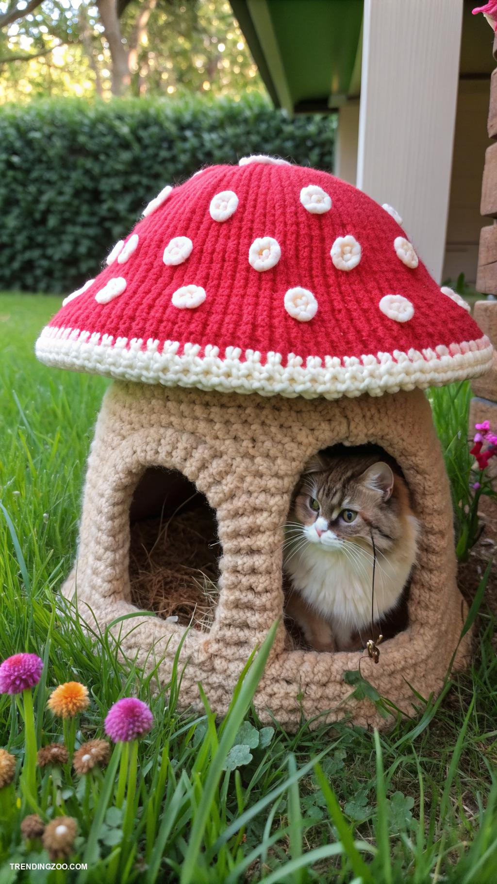 crochet cat house Whimsical mushroom shaped cat shelter
