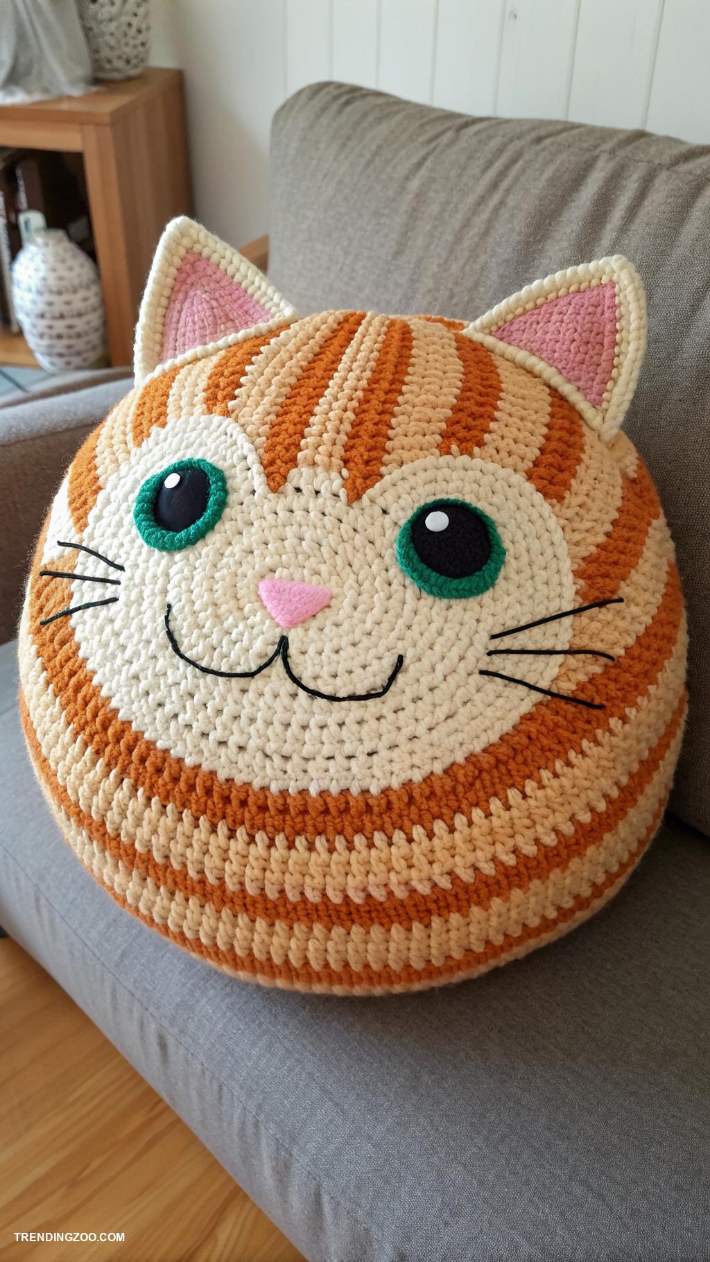 crochet cat pillows Adorable round tabby cat pillow design