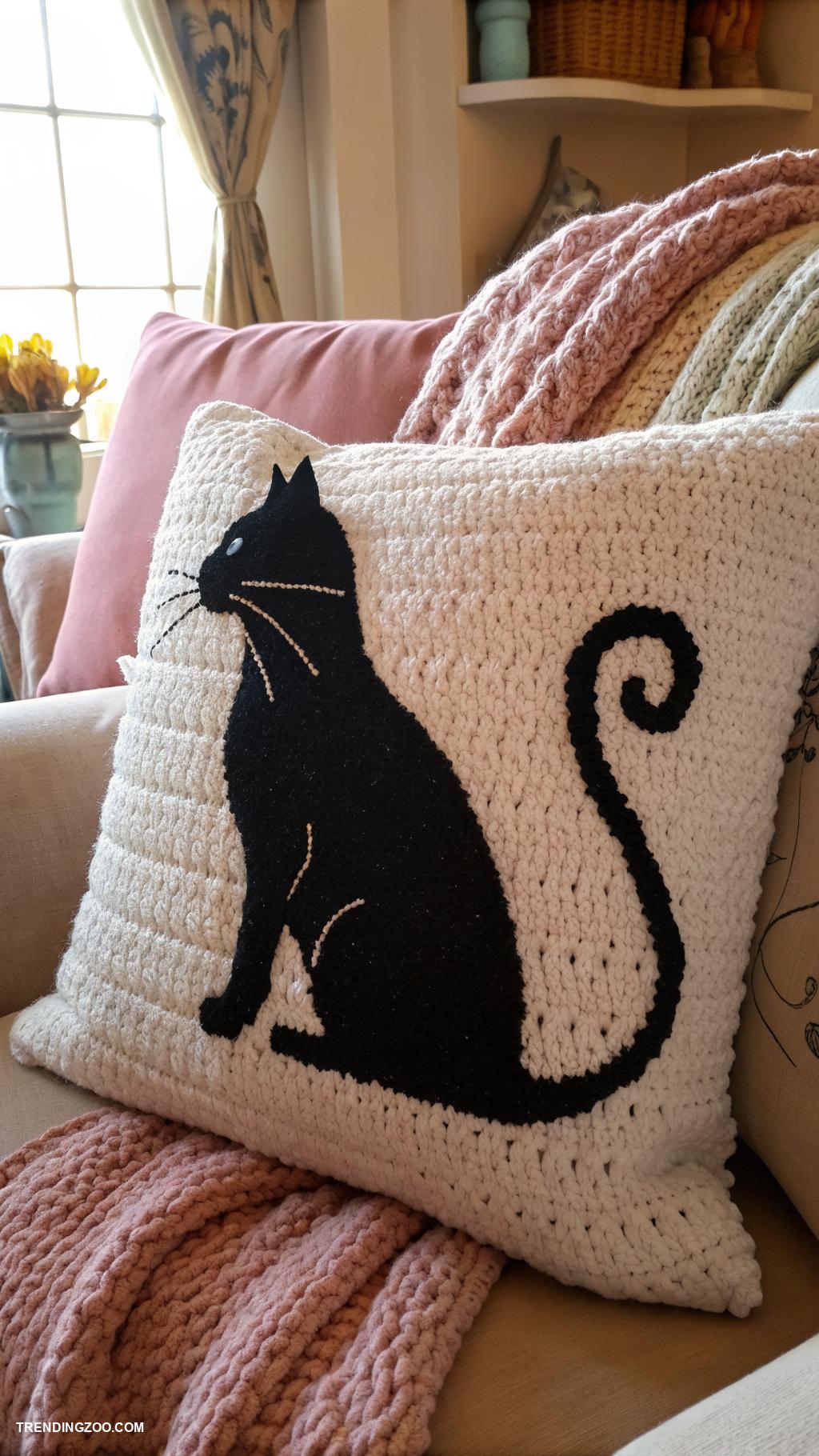 crochet cat pillows Charming black cat silhouette cushion