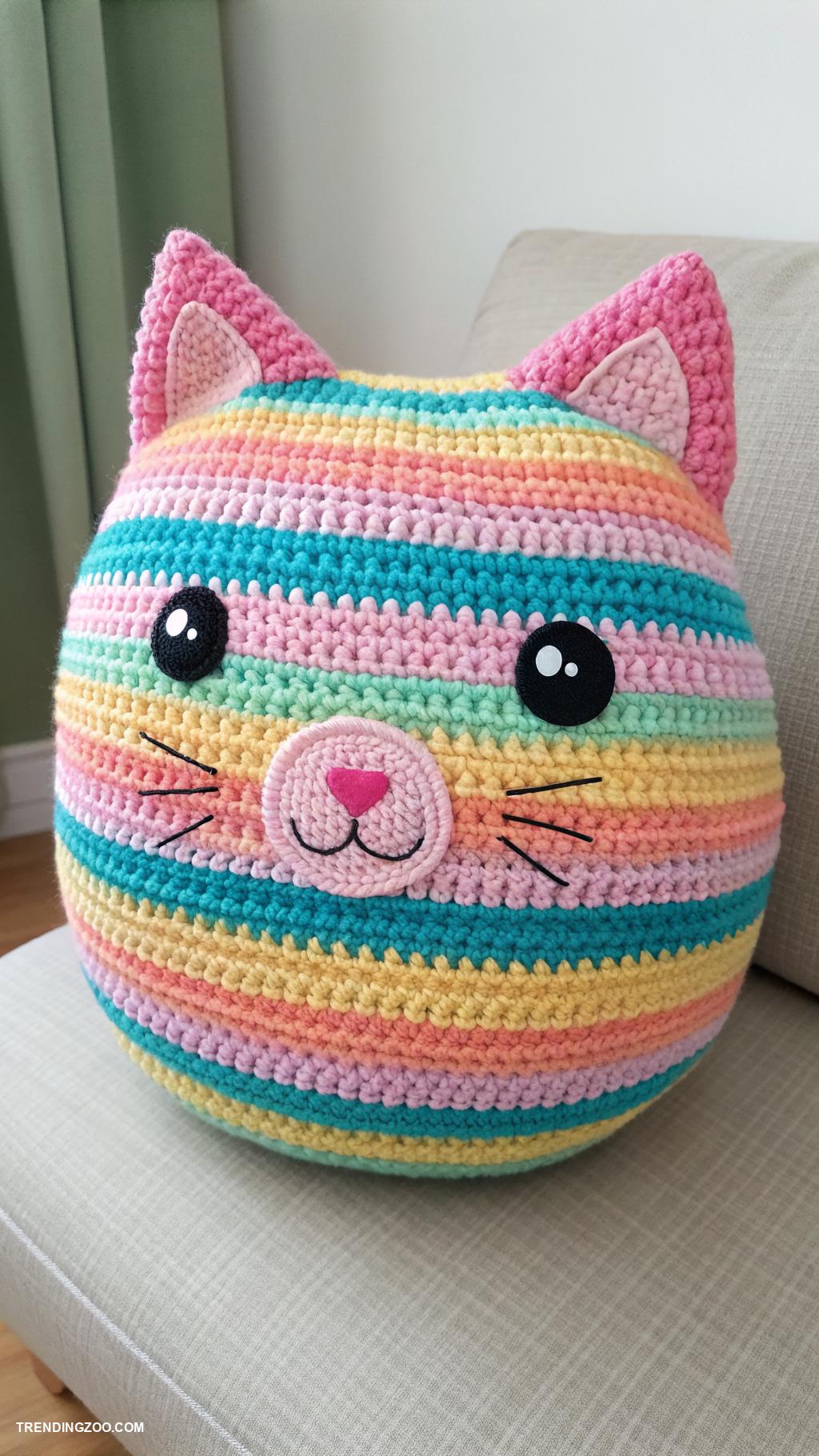 crochet cat pillows Colorful striped kitten pillow for kids
