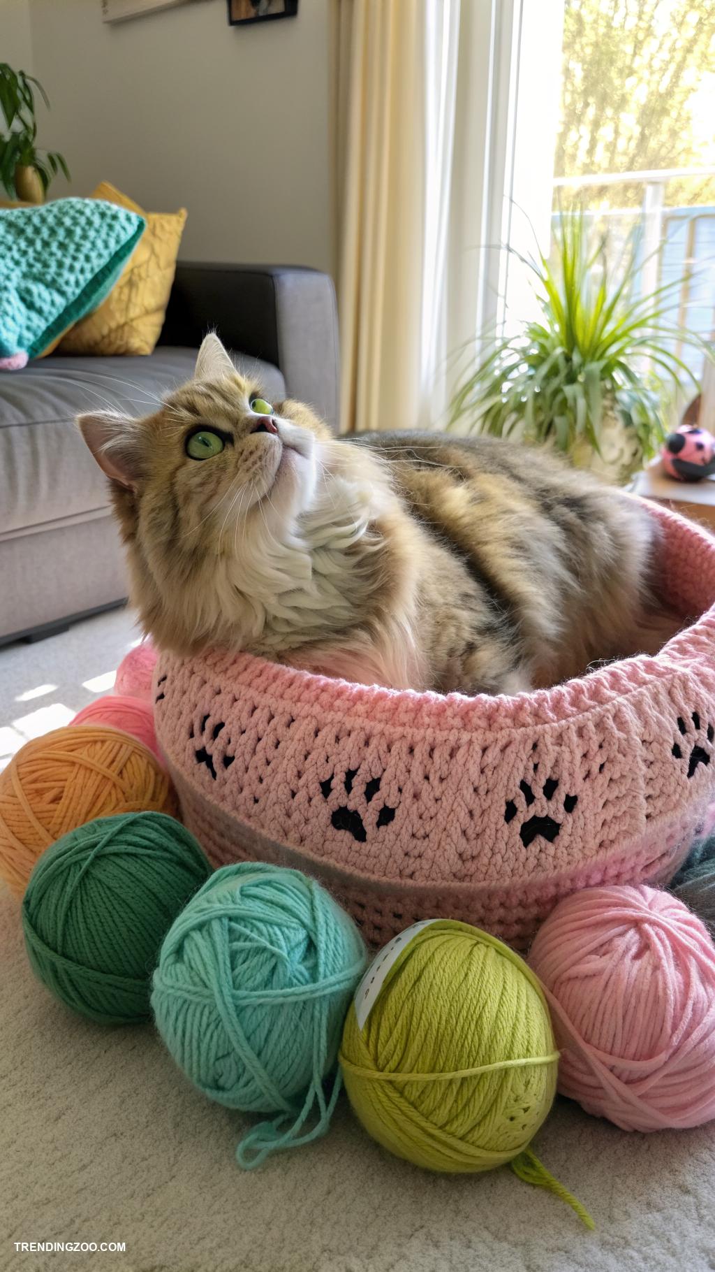 crochet cat pillows Fat cat with a playful yarn ball