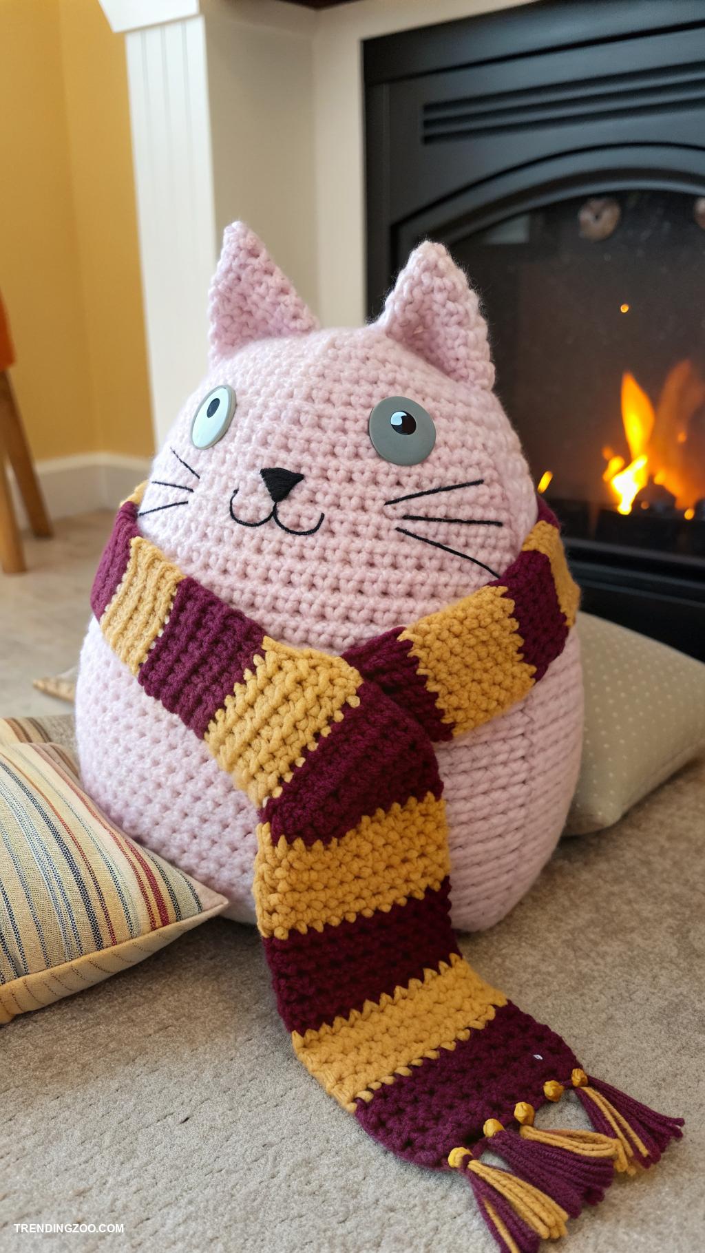 crochet cat pillows Scarf wearing kitty pillow for winter vibes