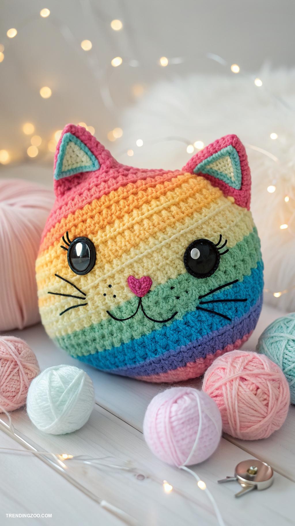 crochet cat pillows Whimsical rainbow colored cat head pillow
