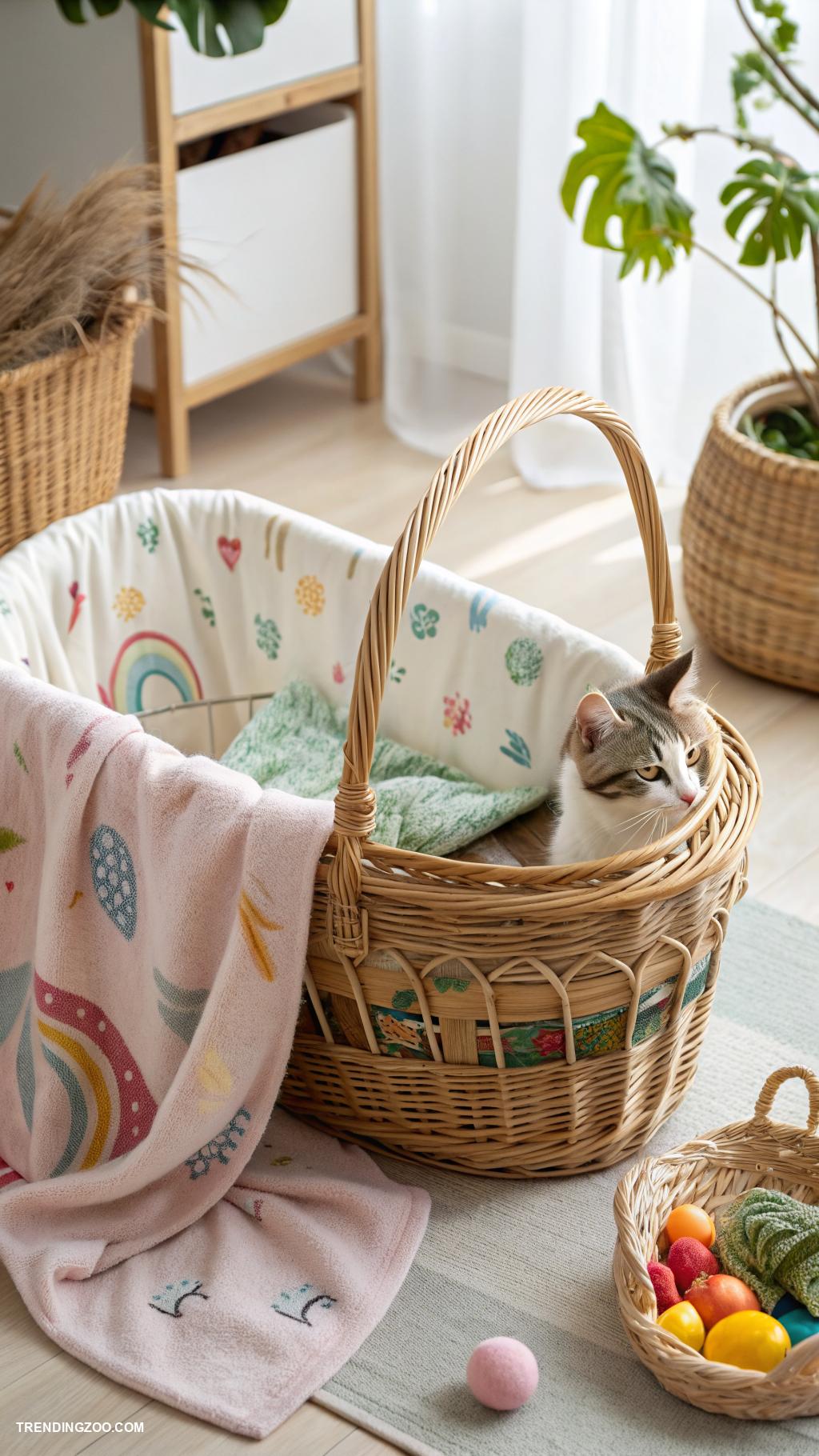 diy cat carrier Laundry basket with blanket inside