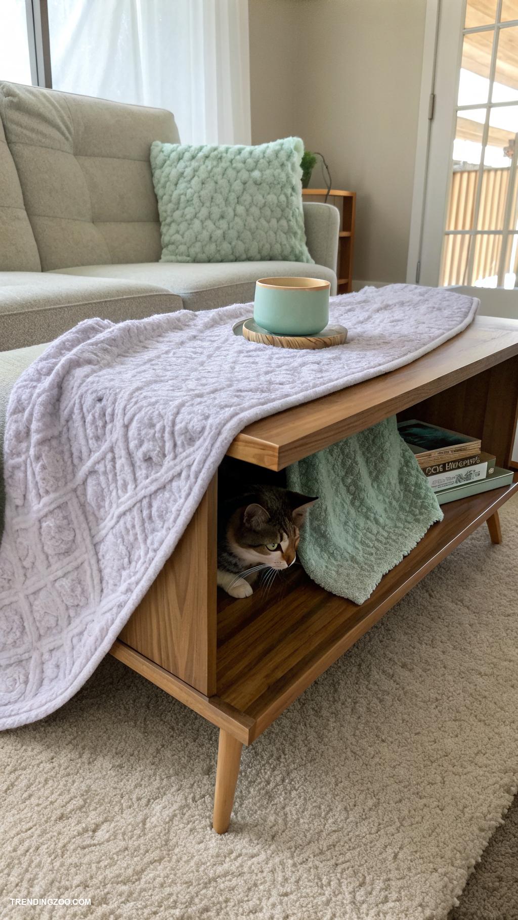 diy cat hideaway Blanket draped over a coffee table