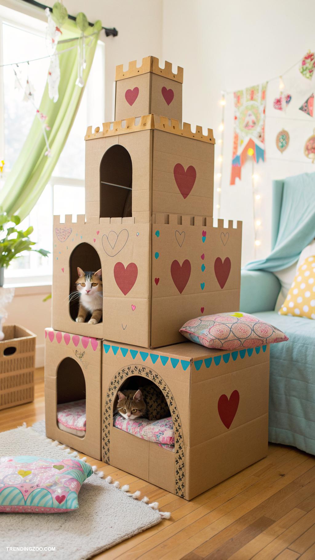 diy cat hideaway Cardboard box castle with multiple entrances
