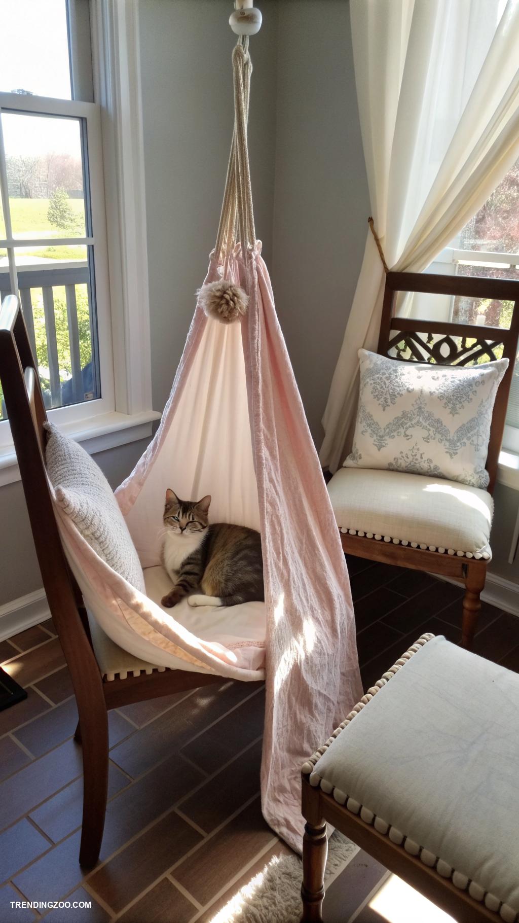 diy cat hideaway Hanging fabric hammock between two chairs