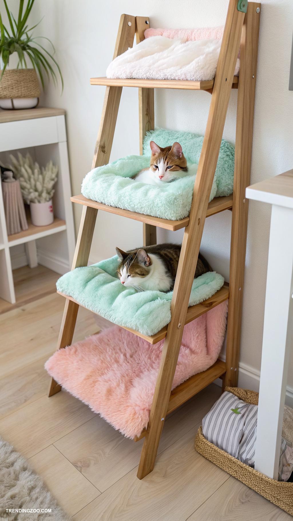 diy cat hideaway Ladder shelf with cozy beds on each level