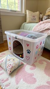 diy cat hideaway Plastic storage bin with cut out kitty door