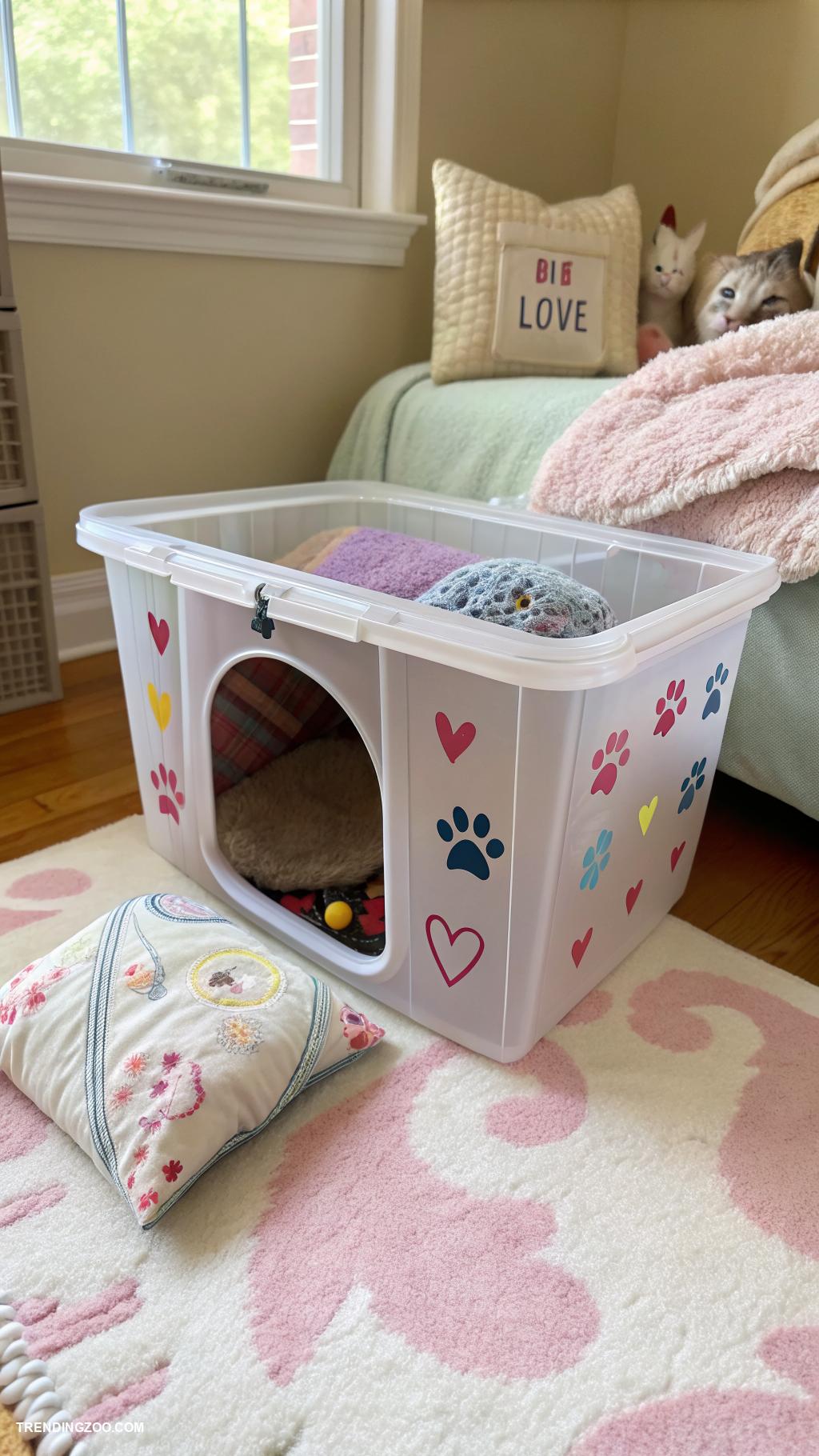 diy cat hideaway Plastic storage bin with cut out kitty door