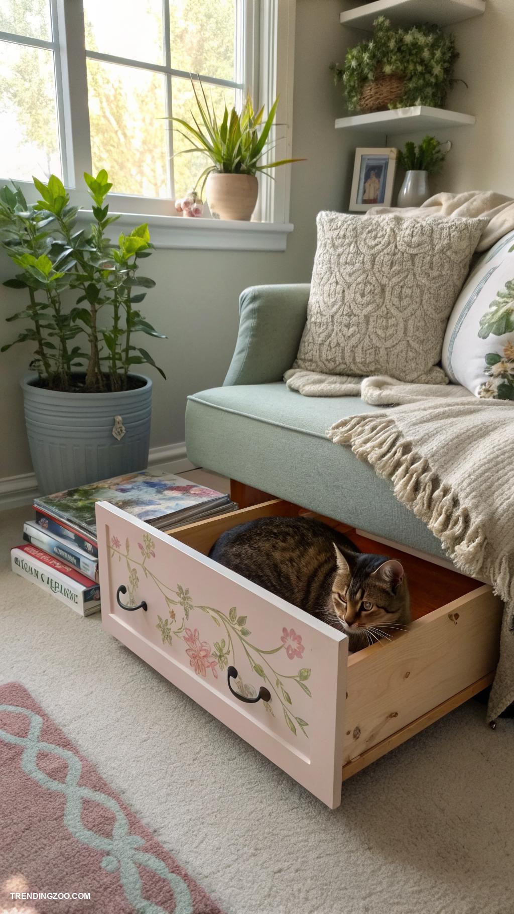 diy cat hideaway Repurposed dresser drawer with cozy blanket