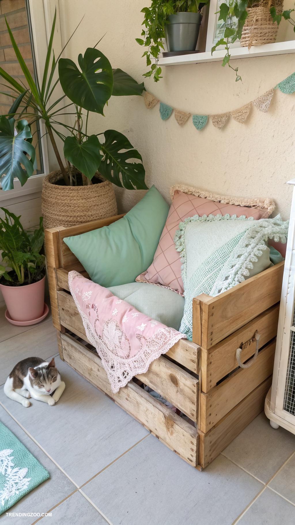 diy cat hideaway Wooden crate with soft cushions inside