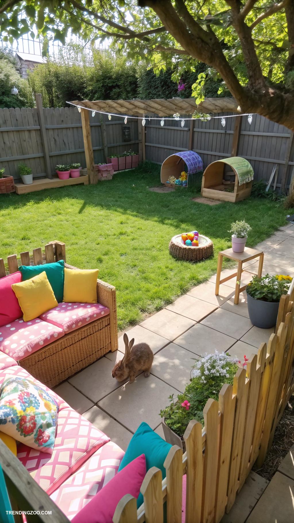 outdoor bunny enclosure Shaded patio with grassy patches