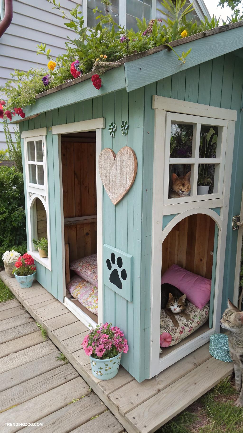 outdoor cat houses Repurposed storage shed with cat entrances