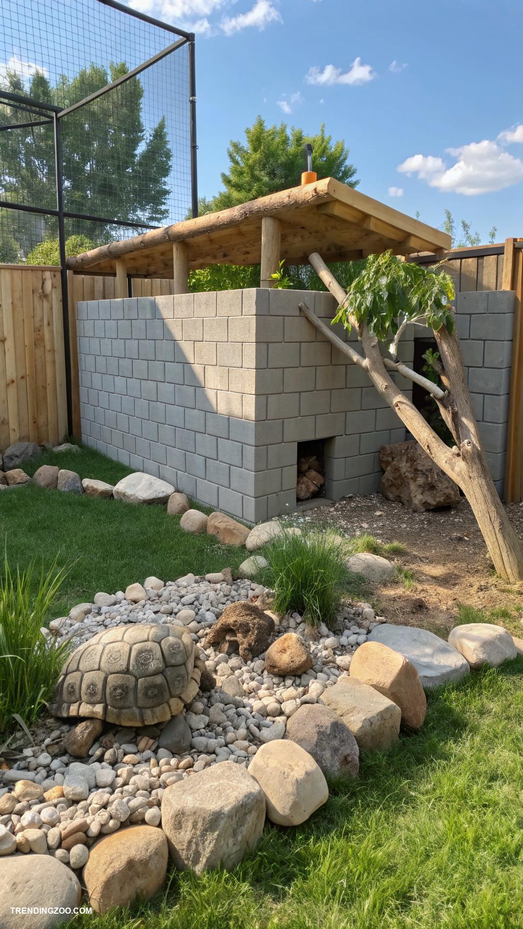 outdoor tortoise enclosure Cinder block wall with climbing options