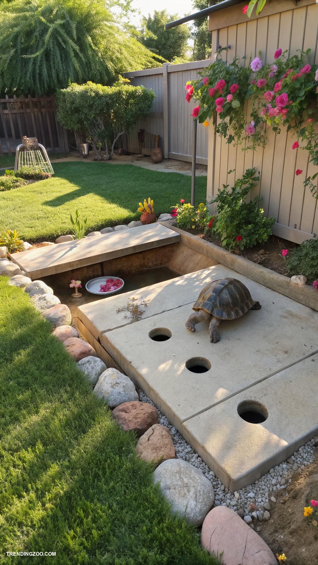 outdoor tortoise enclosure Concrete slab with drainage holes