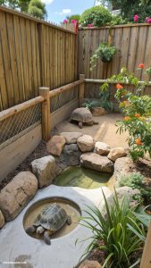 outdoor tortoise enclosure Enclosure with rocks for basking spots