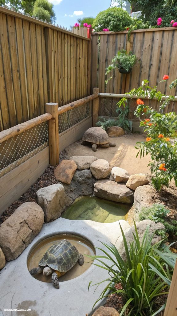 outdoor tortoise enclosure Enclosure with rocks for basking spots