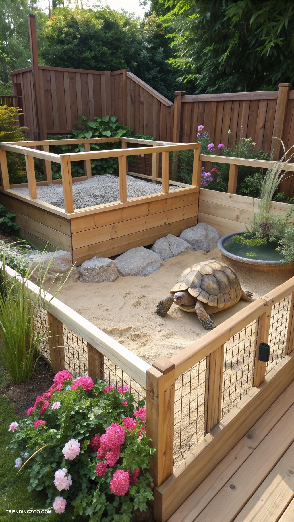outdoor tortoise enclosure Raised wooden platform with secure fencing