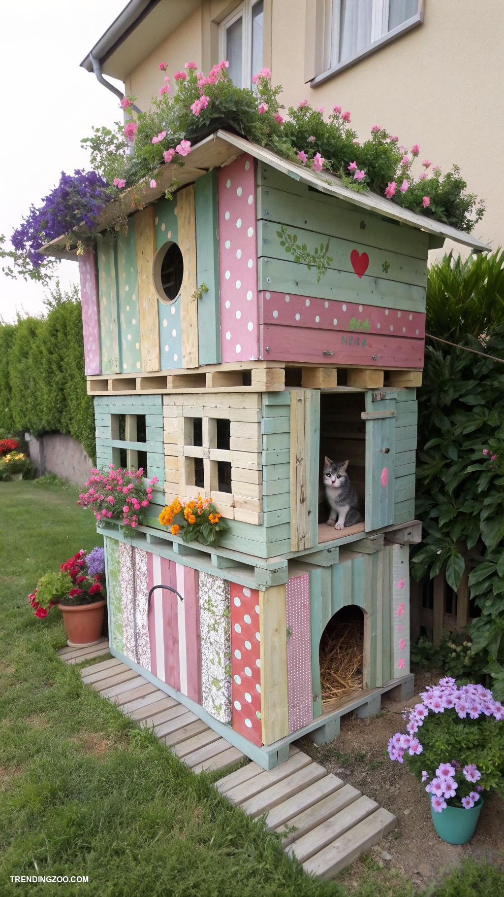 pallet cat house Painted pallet house with whimsical designs