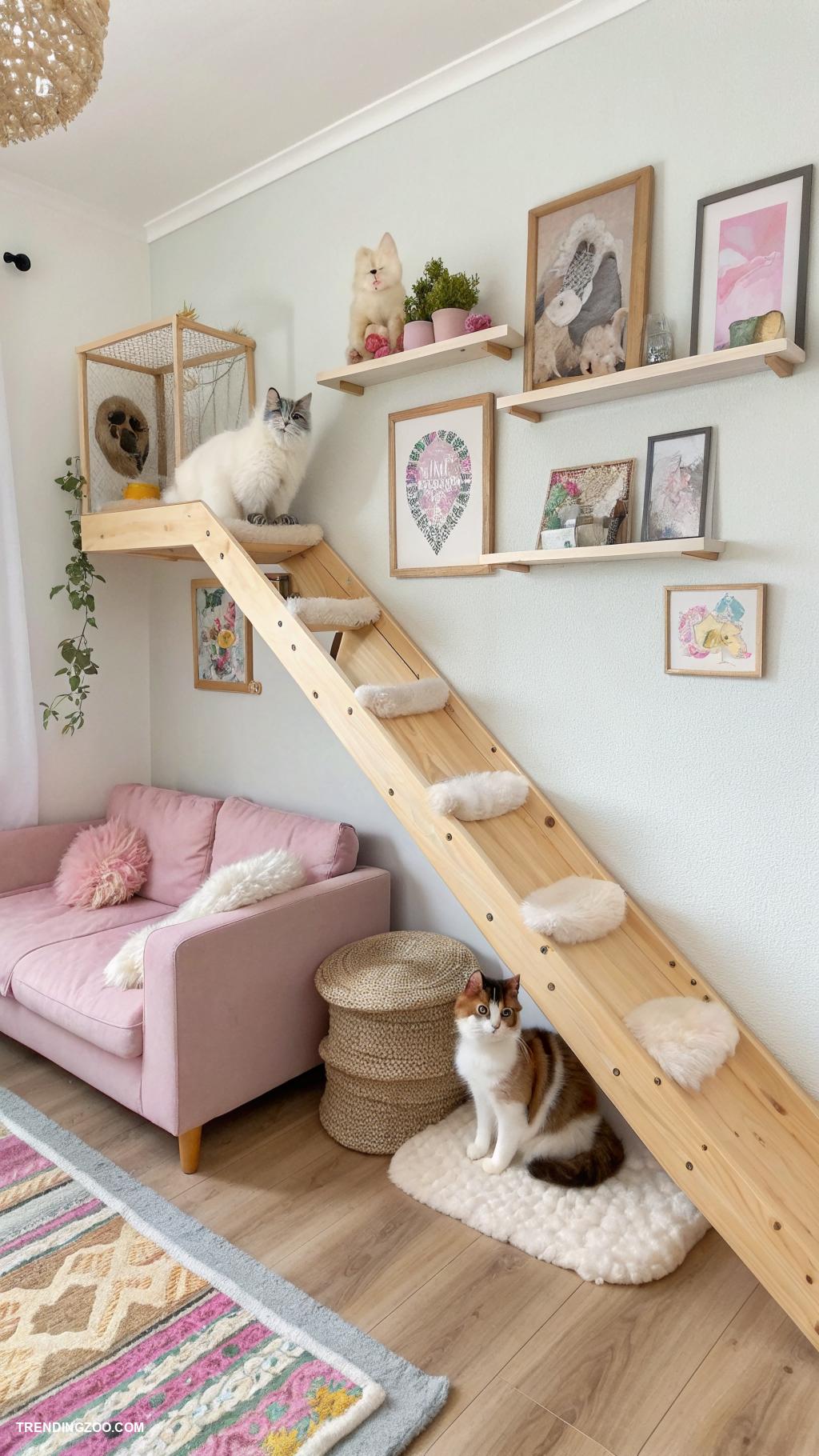 diy cat wall climber Wooden ramps connecting multiple levels