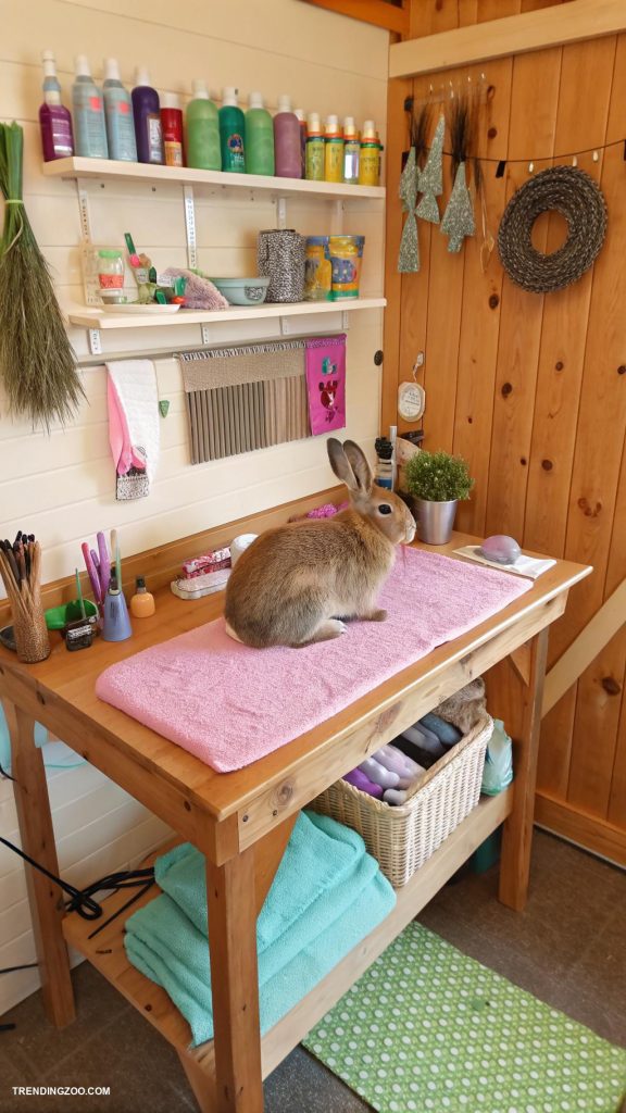 rabbit barn ideas Dedicated grooming area with supplies
